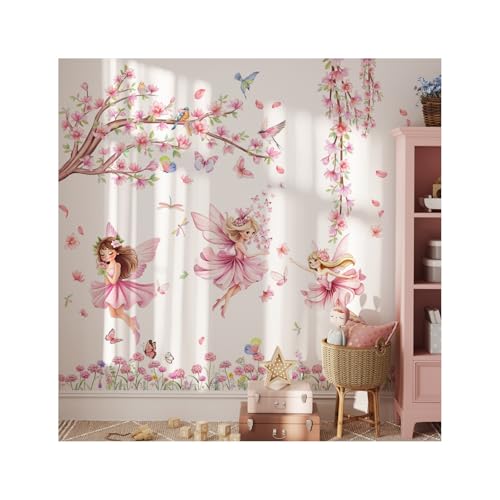 Rainway Sticker mural Fées Fleurs, Fée Papillon Libellule Oiseaux Autocollant mural rose pour...