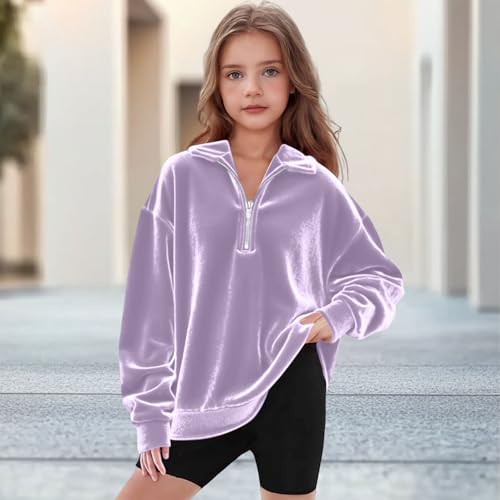 Wkishenl Girls Sweatshirts Half Zip Long Sleeve Velvet Tops Cute Trendy Oversized Pullover Shirts Fall Winter Preppy Clothes2