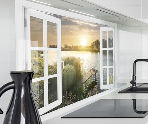 timalo Herd Spritzschutz Wand Spüle, Küche Küchenrückwand Glasoptik | Acryl Glas 2mm | Glasrückwand Acrylglas Fensterblick Fenster Rückwandschutz Platte | 80x50cm Sommer See Steg Natur