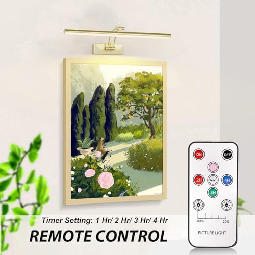 Image of Yuichoy 2 Pack Picture Light Battery Operated for Wall, 16 inch Wireless Display Art Lighting for Painting with Remote, Dimmable 5200mAh Picture Frame Lights for Gallery, Antique Brass