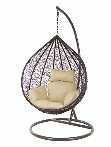 Kideo Ensemble complet grand fauteuil suspendu avec cadre et coussin taille XXL intérieur et extérieur polyrotin (panier et structure marron foncé coussins nid marron clair (7007_capucchino)) Cover
