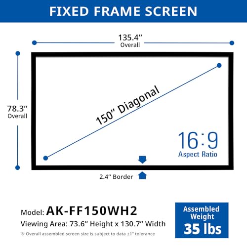Image of Akia Screens 150 Inch Projector Screen Fixed Frame 16:9 CineWhite UHD-B, Supports 8K 4K Ultra HD & 3D, Wall Mount Indoor Projection Screen for Home Theater, Cinema, Office Use, AK-FF150WH2.