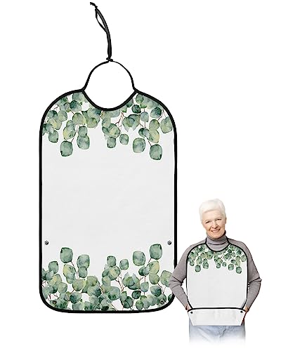Summer Tropical Leaves Adult Bibs for Eating, Waterproof Bibs with Food Catcher & Adjustable Snap Closure, Teal Leaf Farmhouse Rustic Washable Clothing Protectors Adult Bibs for Elderly Women/Men