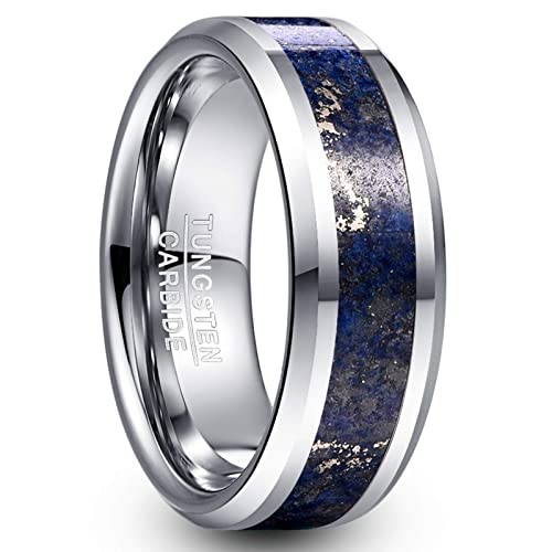Vakki Anillo de carburo de tungsteno de 8 mm, con incrustaciones de lapislázuli, diseño hipotenusado, joya de moda, anillo de cúpula, pulido, tamaño 54 hasta 67 (17,2 - 21,3) Cover