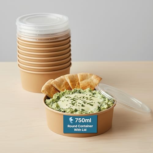 Image of Disposable Round Paper Containers with Lids | Takeout Containers for Hot /Cold Foods, Soup, Salad, Dessert, Pasta, Noodles | Microwavable, Leak-Proof Food Storage Containers- 750ml, 100 Pack