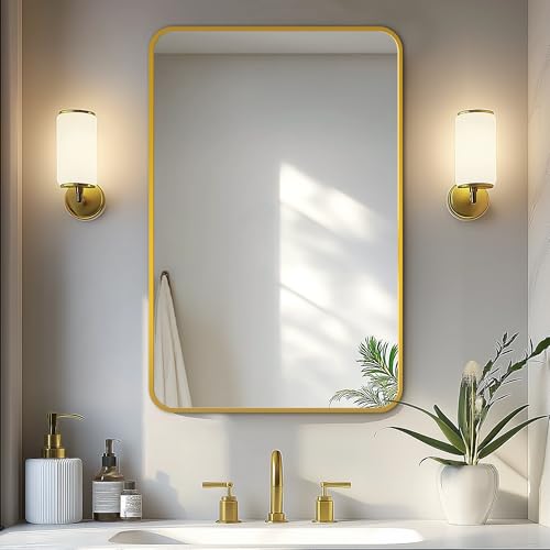 Image of Delma Bathroom Vanity Mirror, Gold Framed Mirror for Over Sink, 30x20 | HD glass, distortion-free for makeup and grooming, Sturdy frame, all mounting hardware, hangs horizontal or vertical