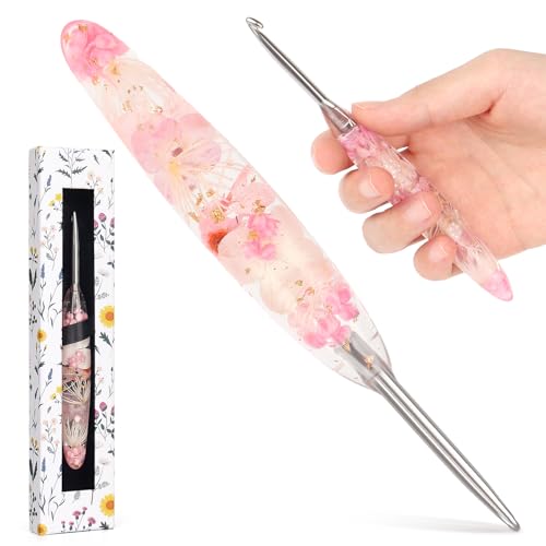 Image of Katech 4.5mm Crochet Hook for Arthritic Hands,Hand-Polished Stainless Steel | Ergonomic Crochet Hooks with Customized Sparkle Dried Floral Grip, Smooth Tapered Hook-Crochet Gift for Beginner & Crocheter