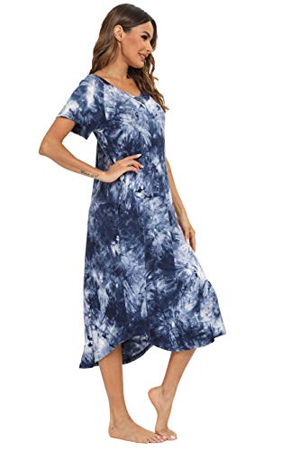 Yozly Nightgown Womens Cotton Knit Long Sleepwear Soft V Neck Loungewear S-Xxl (Tie Dye Navy, Large) #TOP2