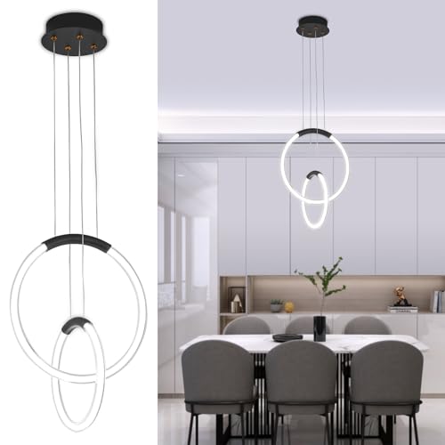 Surpars House LED Chandelier, Modern Ceiling Light, 2 Rings Height Adjustable Pendant Lights for Living Room, Bedroom, Dining Room, Restaurant