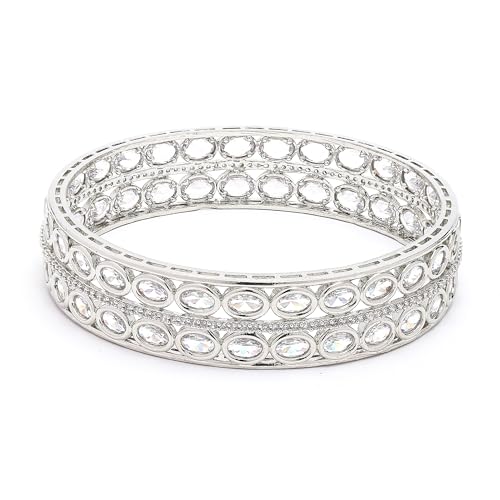 Image of ZENEME Rhodium Plated Silver Toned Oval Shaped White American Diamond Studded Bangles Set Of 2 For Women & Girls