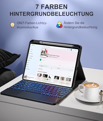 Vobafe Touchpad Hülle mit Tastatur für iPad A16 11 10 Generation 2025 2022, 11/10,9 Zoll, Magnetische Abnehmbar Tastatur, 7 farbige beleuchteter, mit Stifthalter, QWERTZ Layout, Schwarz 4