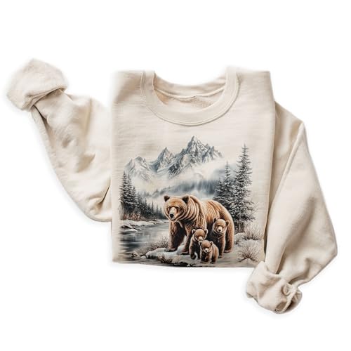 Vintage Mama Grizzly Bear & Cubs Wilderness Scene Sweatshirt - 90s Retro Brown Bear Wildlife Sweatshirt - Scenic Winter Mountain Nature Sweater - Unisex Graphic Crewneck Sweatshirt