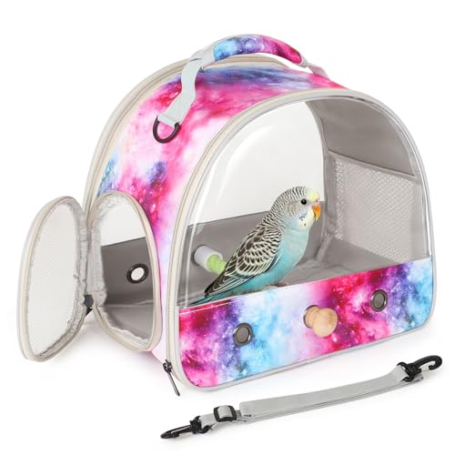 Image of Small Bird Travel Carrier Cage Bag for Parakeet, Budgies, Cockatiel, Conure, with Clear Windows, Galaxy Print