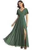 Ever-Pretty Women's Bridesmaid Dress Floor Length Chiffon V-Neck with Natural Waist and Short Sleeves Eucalyptus Green 8UK