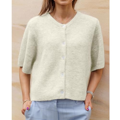 Image of Women Y2K Knit Cardigan Short Sleeve Crewneck Solid Color Button Down Tops Casual Going Out Sweater Streetwear