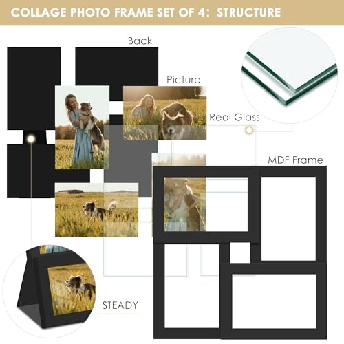 Image of DUENPY 4x6 Collage Frame Tempered Glass For 4 4x6 Photos Black | Premium Tempered Glass Provides Clear Vision, Ideal Decor to Arrange Your Warm Family Photos At Home