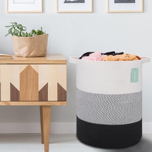 Image of Cotton Rope Blanket Basket, 72L Laundry Hamper, White& Gray& Black | 16 inchx 22 inch, Large Collapsible Woven Nursery Hamper with Sturdy Handles for Clothes Toys Towels, Bedroom Living Room Bathroom