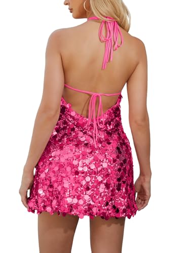 hibshaby Women's Sequin Sparkly Glitter Dress Halter Neck Sexy Sleeveless Backless Party Club Mini Dresses2