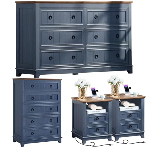 Joaxswe Bedroom Dresser and Nightstand Sets 4 Piece, Farmhouse 6 Drawers Dresser & 42' Tall Chest of...
