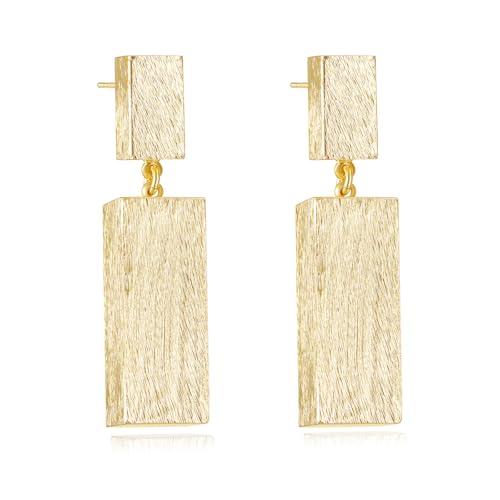 Gold Statement Earrings for Women Chunky Geometric Dangle Drop Earrings 14K Gold Hexagon or Rectangle Sculptural Brushed Matte Hypoallergenic Jewelry Gift