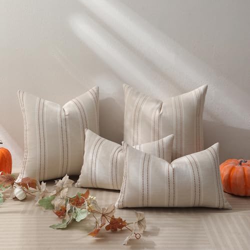 Image of Hckot Fall Throw Pillow Covers 12x20 Set of 2 Striped Pillow Covers Textured Linen Decorative Pillows Square Cushion Covers for Sofa Couch Bed Living Room Farmhouse Decor(Caramel)