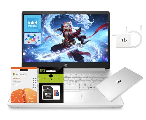 Image of HP 14 inch Laptop, Quad-Core Processor(Beat i3), 4GB RAM 256GB Storage (128GB UFS+128GB SD Card), 1-Year Office 365 Copilot AI Win11 Wi-Fi 6 Computer for Business Creator Work Student Study W /Accessory
