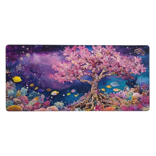 Mouse Mat Fish, Large Gaming Mouse Pad 500 x 250 x 4mm, Tree Extended XXL Mouse Mat, Mousepad Non Slip Base, Computer Accessories Water-Resist Desk Mat with Stitched Edges for Office Decor-GZ1496