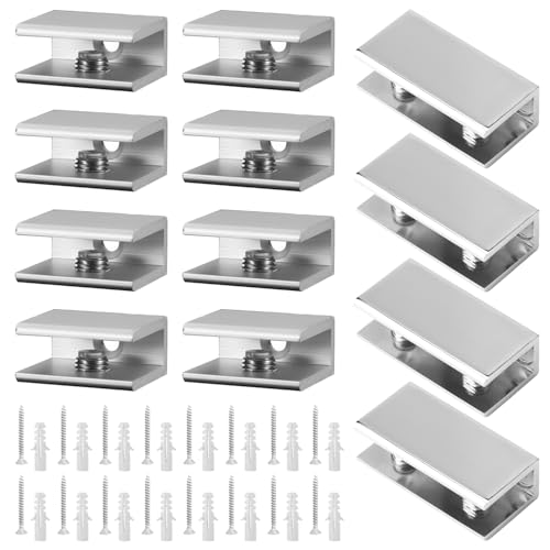 12 Piezas Clip de Vidrio, Livianos de Alta Dureza Soporte Estante Cristal, Rango Ajustable de 6 mm-20 mm (4 Orificios Dobles, 8 Orificios Simples), para Sujetar Vidrio, Vitrinas, Mamparas, Etc (plata)