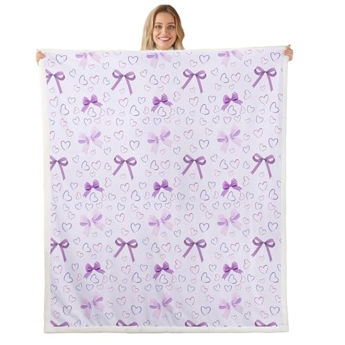 feelingyou Manta con lazo morado para niños y niñas, súper suave y cálida, estilo princesa, manta de forro polar sherpa, patrón de amor, manta con patrón de lazo, manta de cama, regalos para