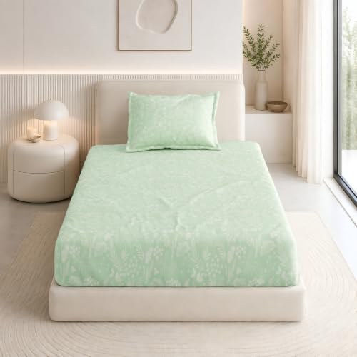 Image of haus & kinder Elastic Bedsheet Single Bed, 37 x 78 x 11 Inches Single Bedsheet Cotton Elastic Fitted with 1 Pillow Cover, Pure Cotton 186 TC, Breathable Wrinkel Free - Verdant Whispers of Giverny
