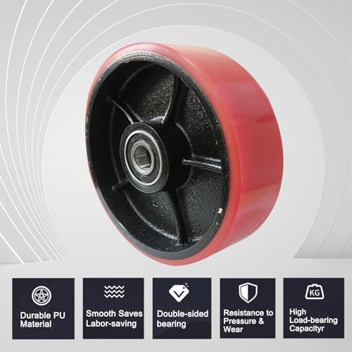 Image of Pallet Jack /Truck Steering Wheels Set with Axle, Fasteners and Protective Caps (2 pcs) 7 inch x 2 inch with Bearings ID 20mm Poly Tread With Tools （Red）