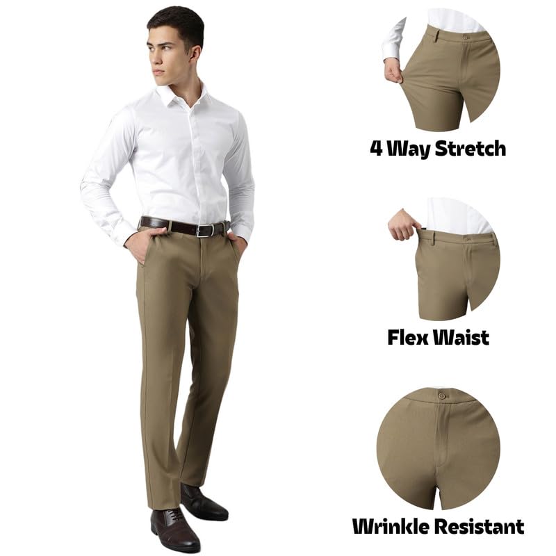 Image of SUBTRACT Men 4 Way Stretch Wrinkle Free Slim Fit Formal Trouser in with 2 Inch Flexible Waistband | Men's Trousers for Office Or Party