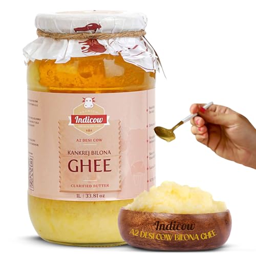 Indicow Foods Kankrej Bilona A2 Cow Ghee 1L | Bilona Method Grass Fed | Hand Churned | Pure and Preservative Free 1L| Grass fed cows | No artifical flavours added |