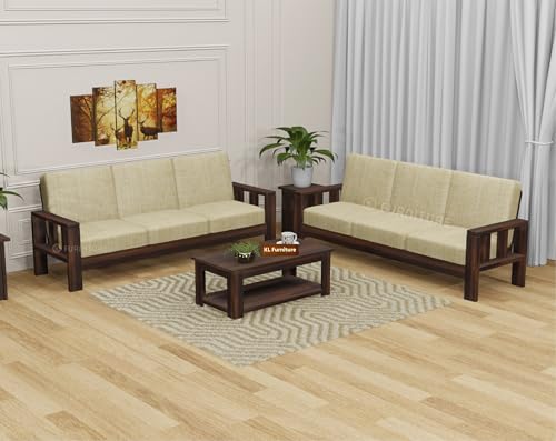 Image of KL Furniture Wooden 6 Seater Sofa for Living Room | Sheesham Wood Sofa Set 6 Seater for Home Furniture 3+3 | Solid Wood Sofa Set (Walnut Finish)