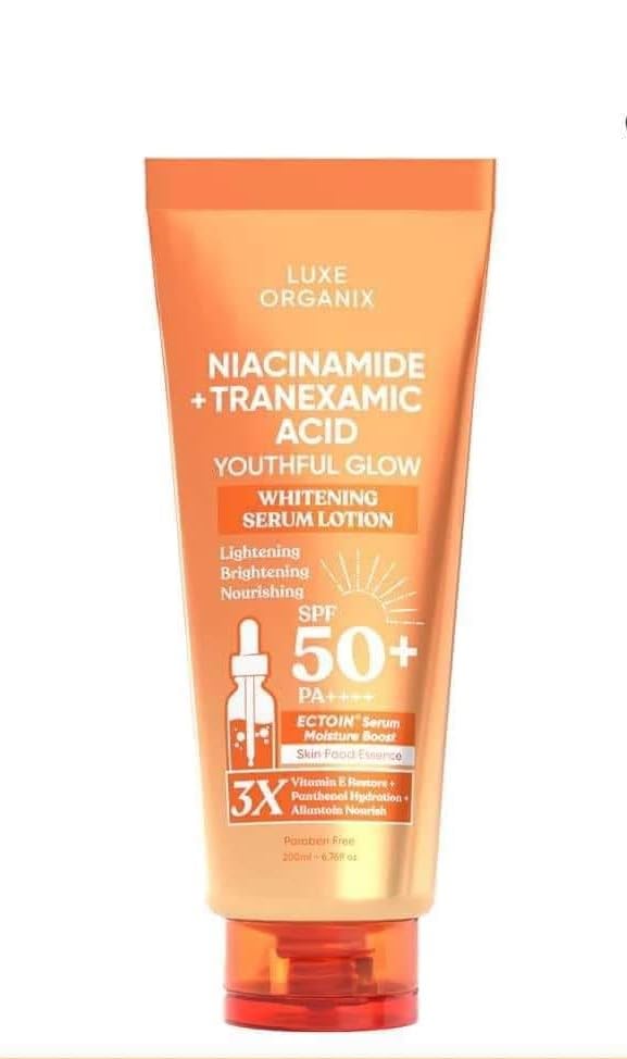 Luxe Organix Niacinamide + Tranexamic Acid Youthful Glow Whitening Serum Lotion, SPF 50+, 200ml