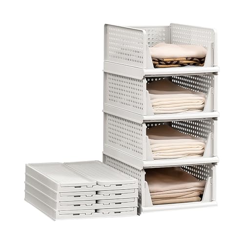 Lacusmall 4 Pack Stapelbar Schrank Kleiderschrank Organizer, Multifunktionale Faltbare Schrank Organizer, Schublade Aufbewahrungsbox für Bad Schlafzimmer Kleiderschrank Lagerung, Weiß