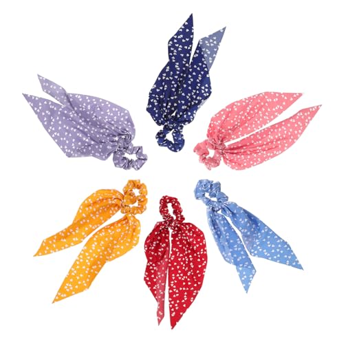 NIYANGLE 6 Piezas 6 Coleteros Elásticos Pelo con Lazo de Corazón, Cintas de Tela Suave y Elástica en Colores Surtidos (amarillo, Vino, Azul Claro, Lavanda, Rosa, Azul Oscuro), Accesorios