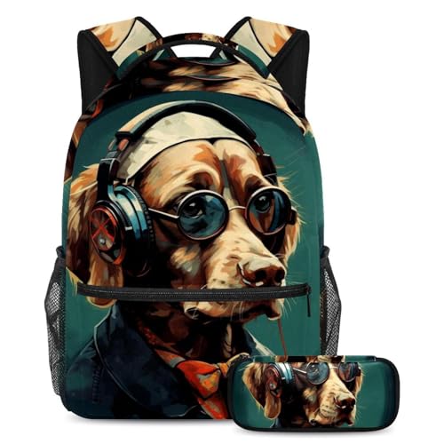 Sac à dos vintage Dog 2 motif lunettes de soleil grand sac scolaire et trousse
