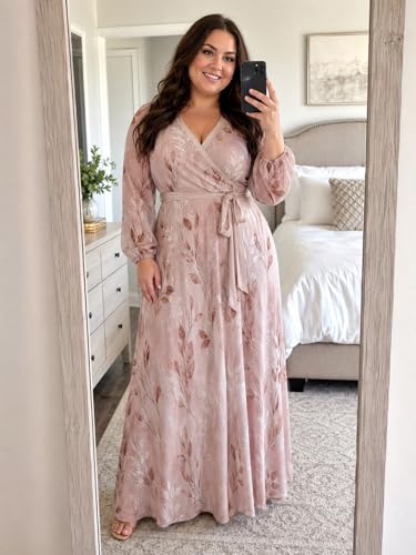 Image of PinkPatty Women's Long Sleeve Maxi Dress Plus Size Casual V Neck Wrap Dress with Pockets&Belt
