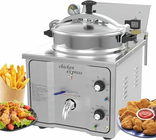 FKINGLRK Freidoras de Aire comerciales de 16 l, freidora a presión eléctrica, freidora de Pollo de Acero Inoxidable, con Temporizador de 50-200 °C, para freír Pollo y Pescado en restaurantes.