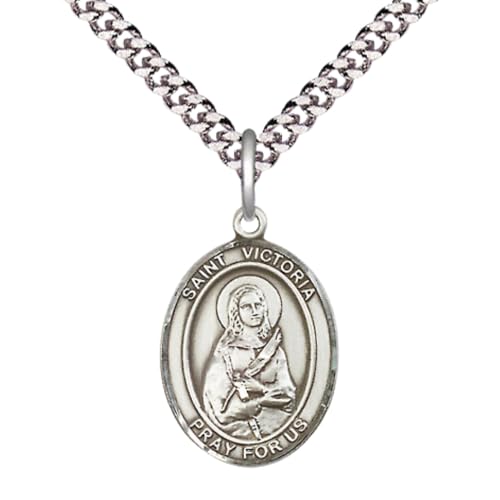 Mens Medium Oval .925 Sterling Silver Saint St. Victoria Medal Pendant on 24 Inch Rhodium Plated Heavy Curb Brass Chain w/ Lobster Claw Clasp, Catholic Religious Necklace - Made in USA- Velvet Gift Box