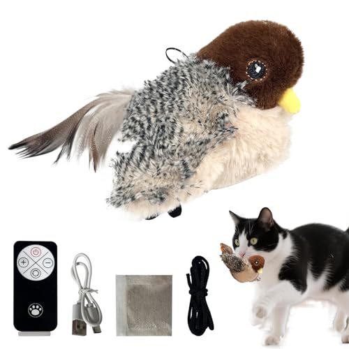 Cat Toys Rechargeable Flapping Bird Sparrow Catnip Toys, Interactive Cat Toy with Squeak, Touch Activated Lifelike Bird Cat Toy for Cat Kitten Exercise (Bird with Remote Control)