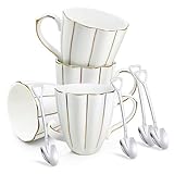 TEVLAUXO mugs set of 4,bone china coffee cups,with gold trim,rose pattern,floral,retro pattern,ceramic,porcelain tea cups,gift for women,with handle,spoon,large drinking mugs,cocoa,milk,ice water