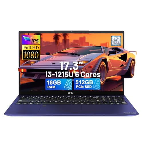 NIMO 17.3" IPS FHD-Laptop, Intel 6 Cores i3-1215U 16GB RAM 512GB SSD (Beat Ryzen 5 7520U, Up to 4.4GHz) Computer with 65W GaN Type C Fingerprint Backlit Keyboard, for Home Student and Business Blue