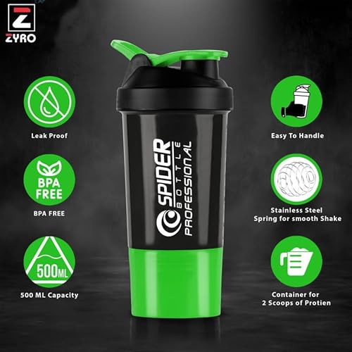 Image of Zyro Spider Gym Shaker Bottle, Shakers for Protein Shake 500 Ml with 1 Storage Compartment Gym protein shaker for workout (Pack of 1, Green)