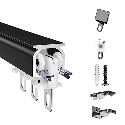 Heavy Duty Room Divider Track System – Set di binari per tenda da doccia regolabile con ganci e accessori in lega di alluminio bianco e nero per camper, finestre a bovindo, lunghezza 0,6 - 6,1 m