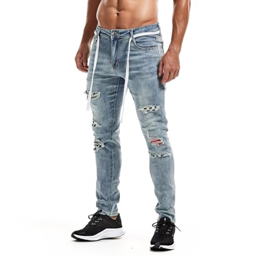 Jeans Pants Trouser Denim Ripped Hole Street Trendy Washed Blue Ground White Elastic Tight Fit Men4