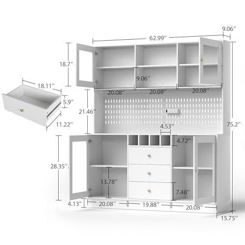 VOWNER 75'' Tall Kitchen Hutch Cabinet, 63“ Wide Pantry Cabinet, Buffet Hutch with Pegboard, Cup Holder, Power Outlet, 4 Doors & 3 Drawers, Cupboard with Microwave Shelf & Wine Racks (White)