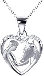 YFN Sterling Silver/Rose Gold Plated Horse and Girl Pendant Necklace Jewellery Gifts for Women Girls