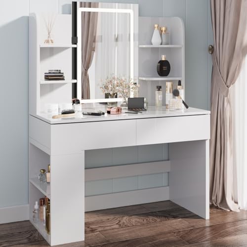 Airfish Coiffeuse avec Miroir et LED, Table de Maquillage avec 3 Étagères et 2 Tiroirs, Coiffeuse avec Grand Tiroir et Armoire, Lumière LED Réglable (Blanc)